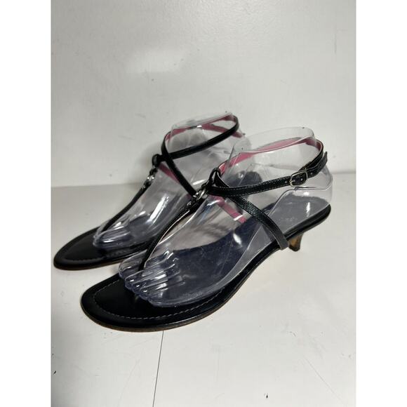 J Crew EUC Black Leather Thong Ankle Wrap Adjustable Kitten Heel Sandal 8.5 - Picture 1 of 6